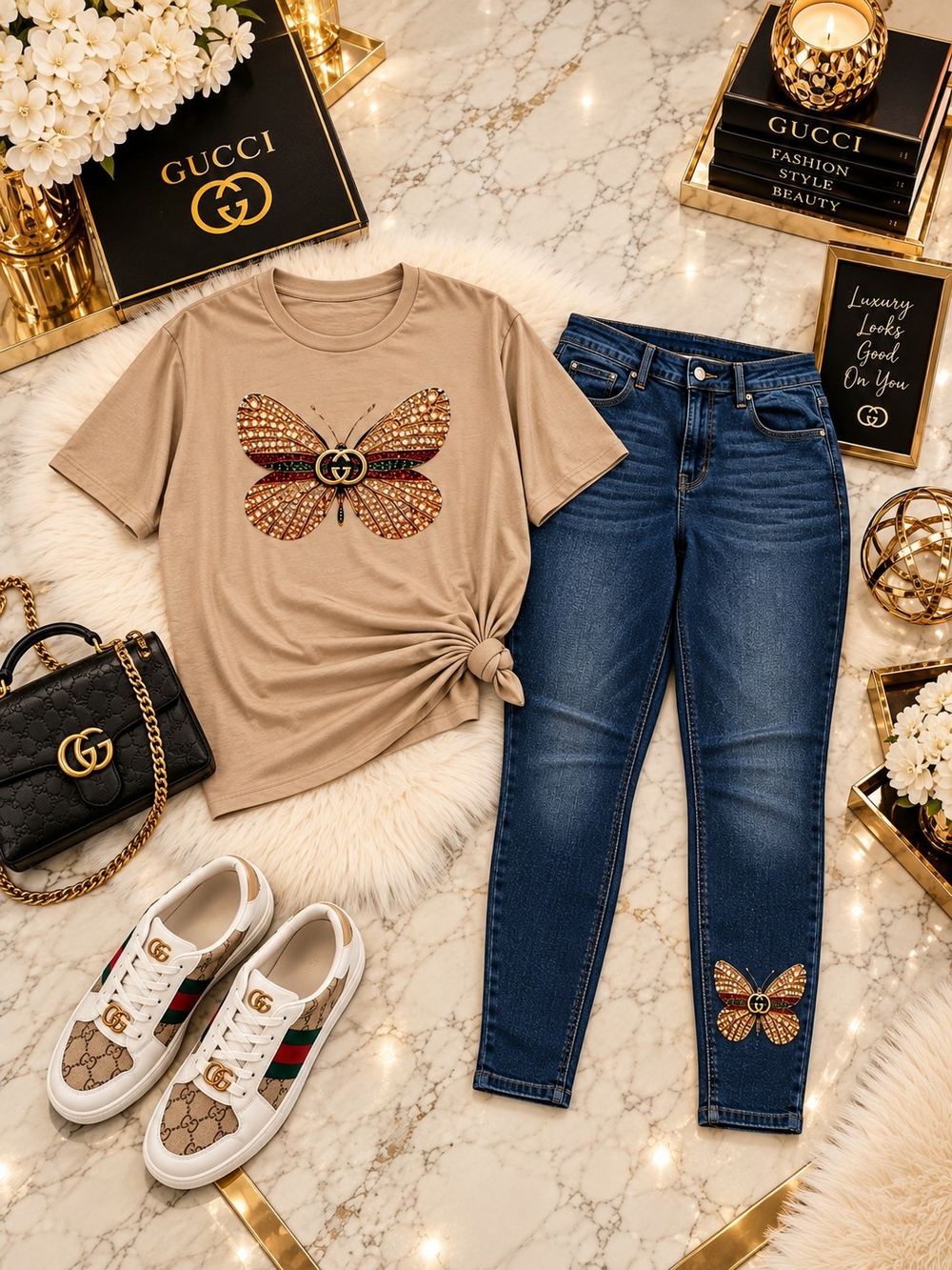 Dark Blue Skinny Jeans with Embellished Butterfly Accent Matching T Shirt SET